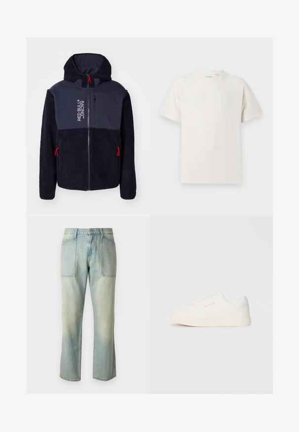 Tumesinise fliistekiga jakk pehme tekstuuriga, punaste aktsentidega, täispikkuses lukuga ja logo trükiga. Omab kapuutsi ja kahte lukuga küljetaskut.; Valge lühikeste varrukatega T-särk ribakudumises. Ümar kaelus, mugav lõige, nähtavad mustrid ega aksessuaarid puuduvad. Lihtne ja mitmekesine disain.; Hele sinine denimist teksad sirge säärega, nähtavate õmblustega ja kahe suuri esikotti. Kude on pleekinud tekstuuriga.; Valged libisemiskindlad tossud tekstuuriga pinnaga, paksu tallaga ja minimalistikus disainis. Küljel on brändi logo.