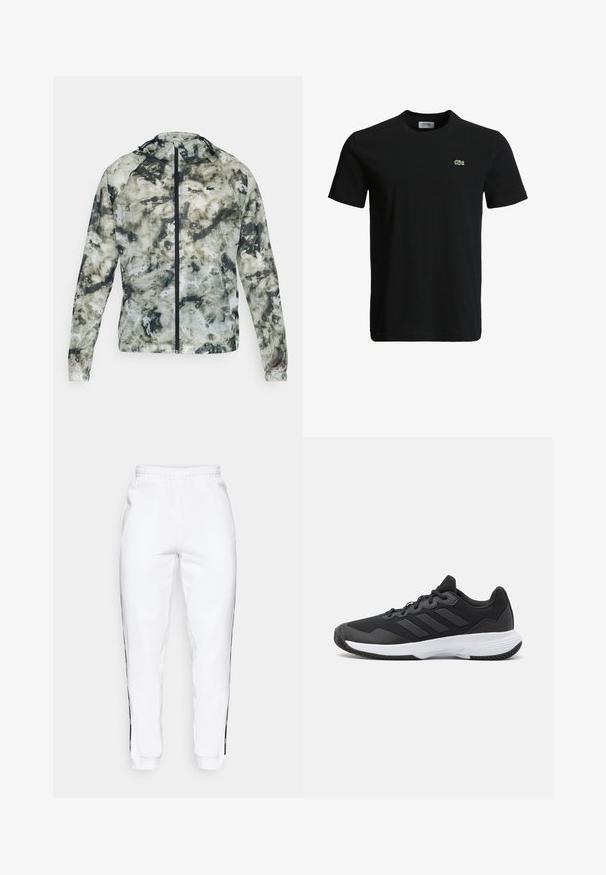 Jaqueta leve e com fecho, em um padrão abstrato de verde e cinza. Apresenta um colarinho alto e capuz ajustável. Feita de um tecido liso e resistente à água.; T-shirt de algodão preto com decote redondo, mangas curtas e um pequeno logotipo de crocodilo verde no lado esquerdo do peito. Textura suave, design casual.; Calças de treino brancas com cintura elástica, apresentando riscas pretas nas laterais e punhos. Feitas de um tecido suave com uma textura lisa.; Sapatilha atlética preta com um upper texturizado, três riscas horizontais e uma sola branca com um padrão de piso. Design leve e aerodinâmico.
