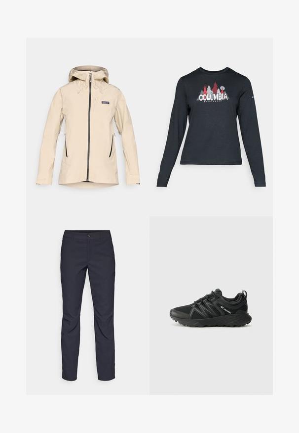 Jachetă impermeabilă bej cu glugă, fermoar frontal și două buzunare laterale cu fermoar. Dispune de manșete elastice și un tiv ușor curbat.; Cămașă cu mâneci lungi de culoare gri închis, cu un grafic de copaci roșii și munți; logo-ul "COLUMBIA" în text alb îngroșat. Material moale, guler standard de tip crew.; Pantaloni bleumarin dintr-un material neted, cu închidere frontală cu buton, croială slim-fit și detalii pliate la genunchi.; Columbia PEAKFREAK - Pantofi drumeție - black