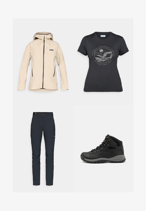Beżowa wodoodporna kurtka z kapturem, z zamkiem błyskawicznym z przodu i dwoma bocznymi kieszeniami na zamek. Posiada elastyczne mankiety i lekko zaokrąglony dół.; Czarny t-shirt Columbia z białą okrągłą grafiką gór i rzeki oraz napisem "Columbia Sportswear Company Outside Since 1938."; Męskie spodnie outdoorowe, ciemnoszare, wykonane z elastycznego materiału, z paskiem, kieszeniami na zamek oraz wzmocnionymi szwami.; Czarne buty trekkingowe z średnim cholewem, z teksturowaną cholewą, szarymi akcentami oraz trwałą gumową podeszwą z wypustkami zapewniającymi przyczepność.