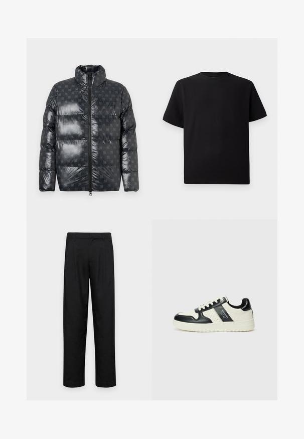 Casaco tipo puffer em material cinza escuro brilhante com colarinho alto, apresentando um padrão discreto de logótipos por toda a peça e fecho de correr frontal completo.; T-shirt preta de mangas curtas feita de tecido texturizado, com decote redondo e um corte descontraído. Simples, sem padrões ou detalhes.; Calças pretas feitas de tecido suave, com um design de perna reta, dois pregas frontais e uma cintura padrão com passantes para cinto.; Ténis de couro com um esquema de cores em preto e creme, apresentando detalhes perfurados, um colarinho acolchoado e uma sola texturizada.