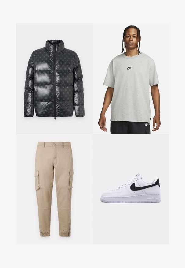 Kurtka puchowa w błyszczącym ciemnoszarym materiale z wysokim kołnierzem, z delikatnym wzorem logo na całej powierzchni i pełnym zamkiem błyskawicznym z przodu.; Młoda osoba z warkoczami, ubrana w jasnoszary t-shirt Nike i czarne spodenki Nike, na jednolitym białym tle.; Beżowe spodnie cargo z lekkiego materiału bawełnianego. Posiadają elastyczne mankiety, wiele bocznych kieszeni oraz zapięcie na guzik.; Białe skórzane sneakersy z teksturowanym czarnym Swooshem, płaskimi sznurowadłami i gumową podeszwą z żłobionym wzorem. Na pięcie wytłoczone jest słowo "AIR".