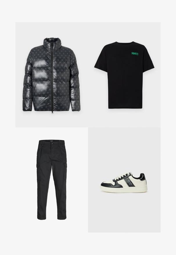 En foret jakke i et glansete mørkegrått materiale med høy krage, med et subtilt helhetlig logomønster og full frontlås.; svart t-skjorte laget av bomull med korte ermer. Har et grønt "ROOTS"-logo på forsiden, rund halsutringning og standard passform.; Sorte cargo bukser laget av slitesterkt stoff, med flere lommer, knappelukking og en slim fit-design med avsmalnede ben.; Lædersneakers med sort og creme farveskema, der har perforerede detaljer, en polstret krave og en struktureret ydersål.