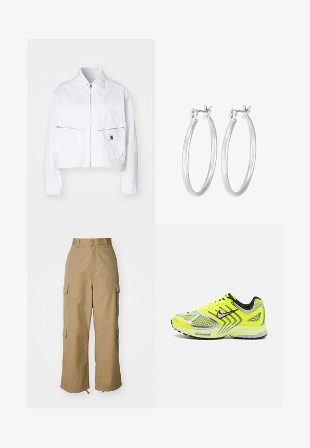 Balta apgriezta jaka, izgatavota no kokvilnas denima. Iekļauj priekšējo rāvējslēdzēju, norādītu apkakli un divas krūšu kabatas ar rāvējslēdzējiem. Zīmola emblēma uz kabatas.; Balts ribots garām piedurknēm krekls ar apaļu kakla izgriezumu. Izgatavots no elastīga auduma, kas pieguļ ķermenim. Iezīmējas ar smalkām horizontālām līnijām.; Bēša kravas bikses ar augstu jostasvietu, platām kājām un četriem lieliem sānu kabatām. Izgatavotas no izturīgas auduma ar gludu tekstūru un minimālām detaļām.; Neona dzeltenas skriešanas kurpes ar acs paneļiem, sudraba akcentiem, melniem elementiem un fakturētu zoli. Iespējas ietver auklas un mīkstu apkakli.; Sudraba riņķveida auss gredzeni ar gludu, pulētu apdari. Apaļa forma un drošs klikšķa augšējais slēgums. Viegls dizains, kas piemērots ikdienas valkāšanai.