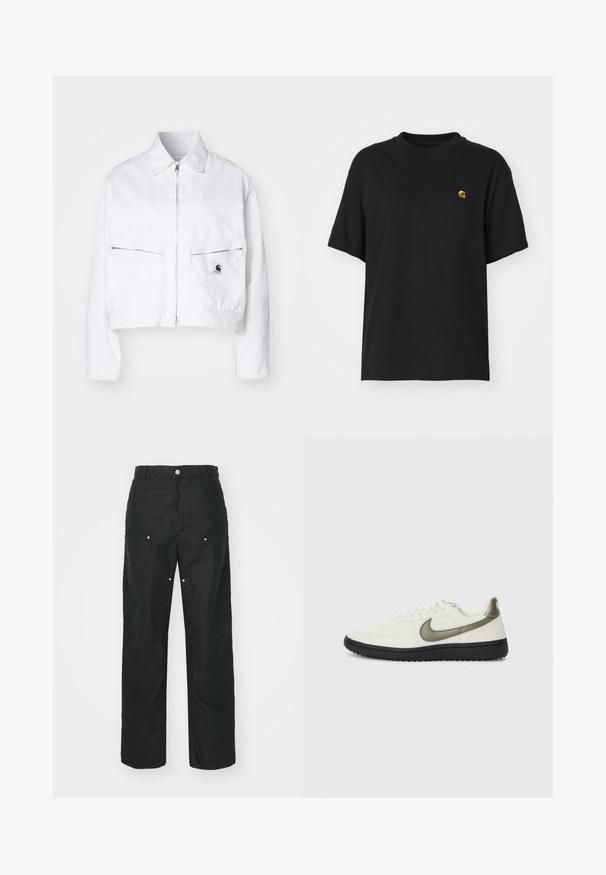 White cropped jacket made of cotton denim. Features a front zipper, pointed collar, and two chest pockets with zippers. Brand logo on pocket.; Black cotton t-shirt with a relaxed fit. Features a round neck and short sleeves. Includes a small gold embroidered logo on the chest.; Black trousers with a straight-leg design, made of a textured fabric. Features decorative silver hardware and unique seam detailing.; Nike Sportswear FIELD GENERAL - Trainers - off-white/black