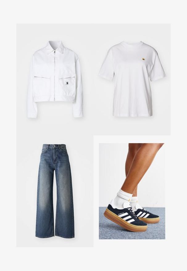 Bela skrajšana jakna iz bombažnega denima. Ima sprednji zadrgo, koničast ovratnik in dva prsna žepa z zadrgami. Na žepu je blagovna znamka.; Bela bombažna majica s sproščenim krojem, kratkimi rokavi in majhnim vezenim logotipom na levi strani prsnega predela.; Modre hlače visoke pasu s širokimi nogavicami, z gumbom spredaj in žepi, bled tekstura na stegnih in ravnim robom.; Črni antilop superge z belimi črtami in poudarki, okrogel prst, gumijasti podplat, kombinirane z belimi rebrastimi nogavicami.