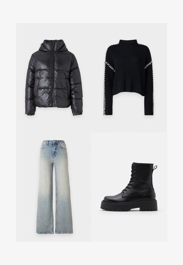 Melna pūkaina jaka ar spīdīgu virsmu, rāvējslēdzēja priekšpusi un augstu apkakli. Iekļauj horizontālu quilted dizainu un elastīgas aproces.; Vero Moda VMNEWCREAM FUNNELNECK PULLOVER - Džemperis - black/birch; Gai zilu platā kāja džinsi, kas izgatavoti no denima, ar augstu jostasvietu, piecām kabatām un redzamu dūrienu gar šuvēm.; Melni ādas potītēm zābaki ar apļveida purngalu, auklām priekšpusē un biezu gumijas zoli ar teksturētu protektoru. Velkšanas cilpa aizmugurē.