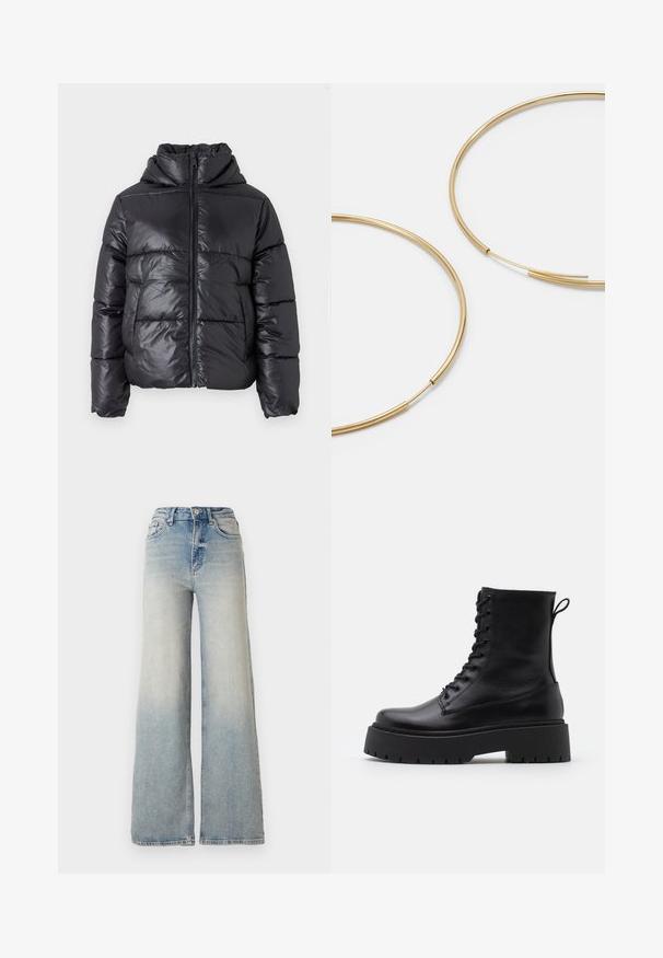 Musta toppatakki kiiltävässä pinnassa, vetoketjukiinnitys edessä ja korkea kaulus. Ominaisuuksiin kuuluvat vaakasuora tikkauskuvio ja joustavat hihansuut.; Vero Moda VMNEWCREAM FUNNELNECK PULLOVER - Neule - black/birch; Vaaleansiniset leveälahkeiset farkut, joissa on korkea vyötärö, viisi taskua ja näkyvät ompeleet saumoissa.; Musta nahkainen nilkkureita, joissa on pyöreä kärki, nauhakiinnitys edessä ja paksu kumipohja, jossa on teksturoitu pinta. Takana vetotappi.; Kultaiset rengaskorvakorut, ohuet ja pyöreät, joissa on sileä metallipinta ilman koristeluja tai kuvioita.