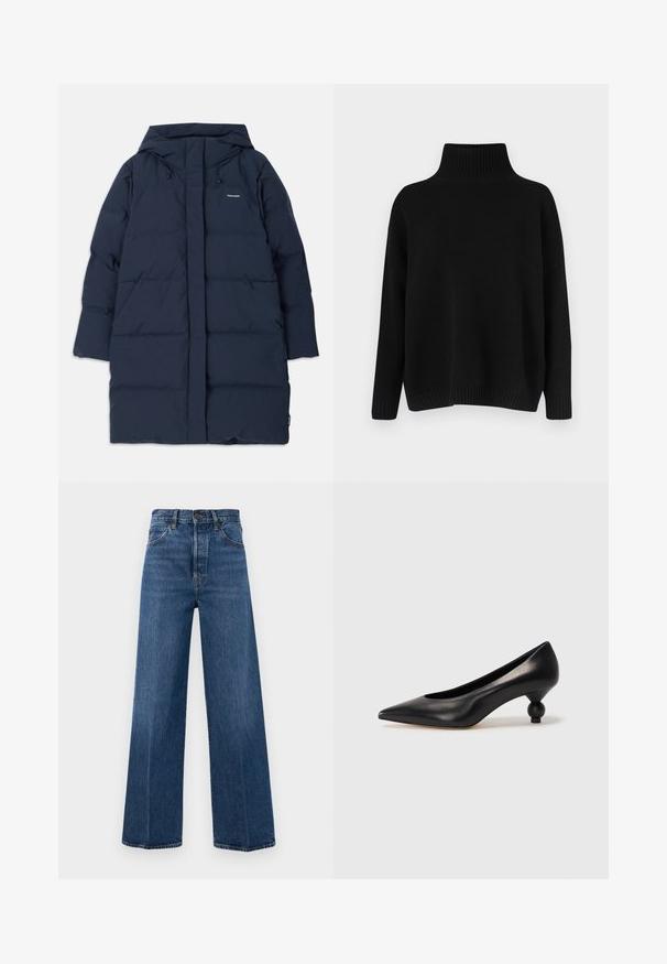 Tamsiai mėlynas pūkinis paltas su gobtuvu, su užtrauktuku priekyje, plačiomis rankovėmis ir stačiakampiu siuvinėjimu. Prekės ženklas kairėje viršutinėje pusėje.; Juodas megztinis megztas, su aukštu ribuotu apykakliu, nuleistais pečiais ir laisvo silueto. Turi ribotas rankogalius ir apačią, suteikiančias tekstūros.; Plačios blauzdos mėlynos džinsinės kelnes, pagamintos iš džinsinio audinio, su aukštu liemeniu, priekinėmis kišenėmis ir kontrastinga siuvimo siūle. Audinys turi glotnią tekstūrą.; Juoda odinė aukštakulnė bateliai su smailiu pirštu ir apvaliu, iškiliu kulnu. Lygus paviršius su elegantišku, minimalistiniu dizainu.