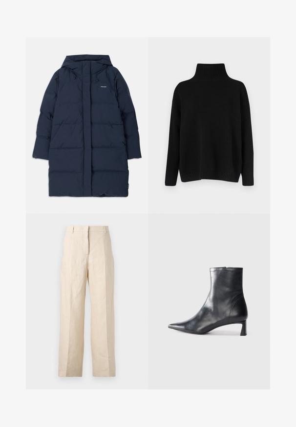 Mornarška puhovka s kapuco, z zadrgo spredaj, širokimi rokavi in pravokotnim kviltanim vzorcem. Logotip blagovne znamke na zgornji levi strani.; Črni pleteni pulover z visokim rebrastim ovratnikom, spuščenimi rameni in sproščenim krojem. Ima rebraste manšete in spodnji rob za dodatno teksturo.; Bež lanene hlače z ohlapnim krojem, z gubami spredaj in ravnimi nogami. Imajo pas z zankami za pas in brez vidnih žepov.; Črne usnjene gležnjarje s šiljastim nosom in elegantnim dizajnom. Imajo nizko peto in zadrgo na zadnji strani. Gladka tekstura.