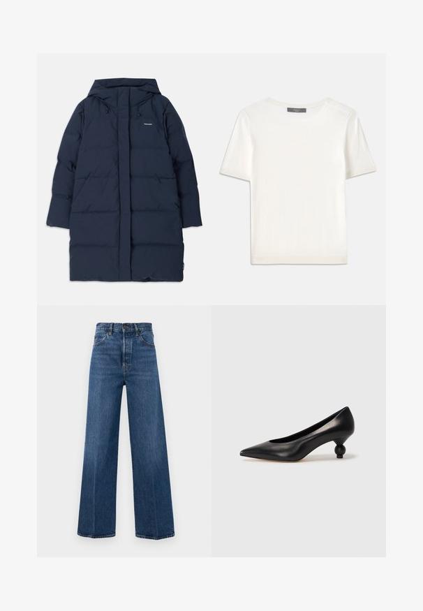 Jūras spēku pūkaina mēteli ar kapuci, ar priekšējo rāvējslēdzēju, plašām piedurknēm un taisnstūrveida izšūtu rakstu. Zīmola logo augšējā kreisajā pusē.; Balta īsām piedurknēm adīta blūze ar apaļu kakla izgriezumu, kurai ir gluda tekstūra un smalki riboti akcenti pie piedurknēm un apakšmalas.; Plati zilie džinsi no denima ar augstu jostasvietu, priekšējiem kabatām un kontrastējošiem diegiem. Audumam ir gluda tekstūra.; Melnas ādas augstpapēžu kurpes ar smailu purngalu un apaļu papēdi. Gluda tekstūra ar elegantu, minimālistisku dizainu.