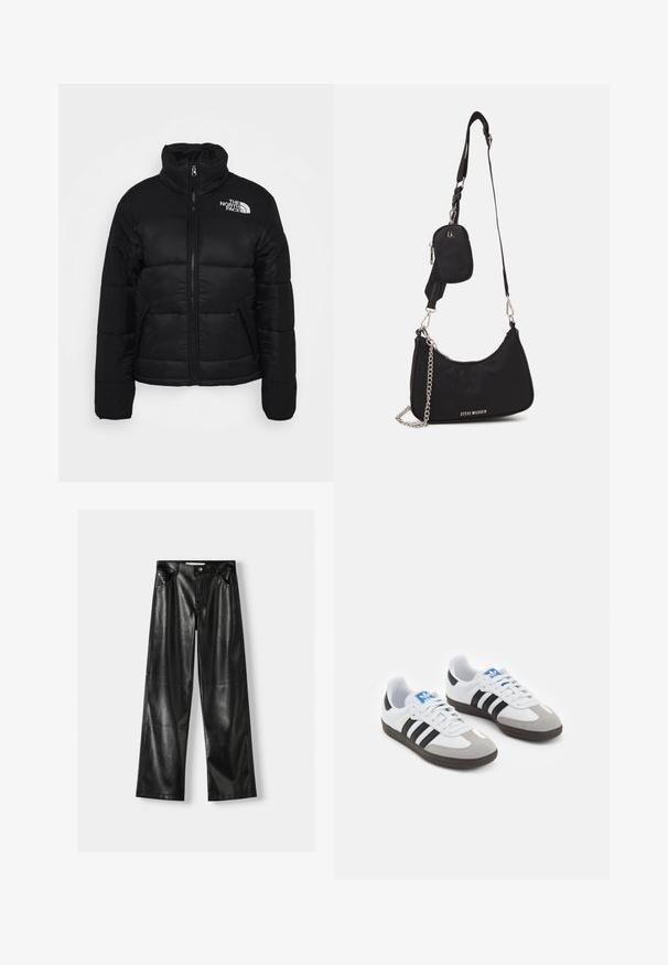 Black puffer jacket made of quilted fabric, featuring a high collar, front zipper, and zippered pockets. Logo displayed on the left shoulder.; Two long-sleeve tops: one black and one white. Both feature a round neckline and a smooth, ribbed texture. Brand label visible inside neckline.; Black leather wide-leg pants with a shiny texture, featuring two front pockets, a button closure, and visible seam details.; Sport shoes with a white leather upper, gray suede toe, and three black stripes. Features a blue logo on the tongue and a textured rubber sole.; Black nylon shoulder bag with a curved shape, silver chain accent, detachable mini pouch, and adjustable strap; features "Steve Madden" logo.