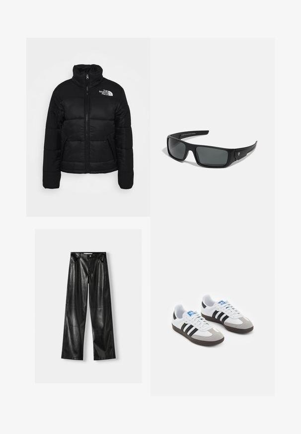 Giacca piumino nera realizzata in tessuto trapuntato, con colletto alto, zip frontale e tasche con zip. Logo visibile sulla spalla sinistra.; Due magliette a maniche lunghe: una nera e una bianca. Entrambe presentano un collo rotondo e una texture liscia e a coste. Etichetta del marchio visibile all'interno del collo.; Pantaloni larghi in pelle nera con una texture lucida, dotati di due tasche frontali, chiusura con bottone e dettagli delle cuciture ben visibili.; Scarpe sportive con tomaia in pelle bianca, punta in suede grigia e tre strisce nere. Presentano un logo blu sulla linguetta e una suola in gomma testurizzata.; Occhiali da sole neri con montatura rettangolare, lenti grigie scure e finitura in plastica liscia. Accento del logo significativo sul lato.; Borsa a spalla nera in nylon con forma curvata, accentata da una catena argentata, con pochette mini removibile e tracolla regolabile; presenta il logo "Steve Madden".