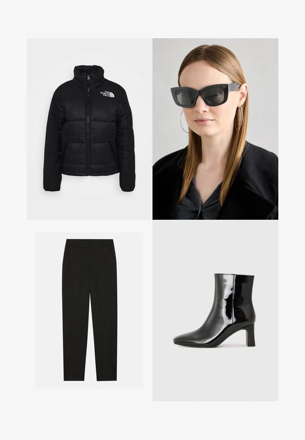 Svart pufferjakke laget av kviltet stoff, med høy krage, frontglidelås og glidelommer. Logo vist på venstre skulder.; To svarte langermede skjorter med V-halsdesign, laget av mykt, elastisk stoff, viser jevn tekstur og en tettsittende fasong.; Sorte bukser med skreddersydd design, med sidelommer og rett ben. Laget av glatt, lett stoff med en elegant finish.; Sorte patentlær ankle boot med spiss tå og en mellomhøy blokkhelt. Glatt tekstur og minimalistisk design.; Sorte katteøyne solbriller med mørke linser, tykke rammer og subtile detaljer. Båret med en svart frakk og grå topp, med langt, rett hår.