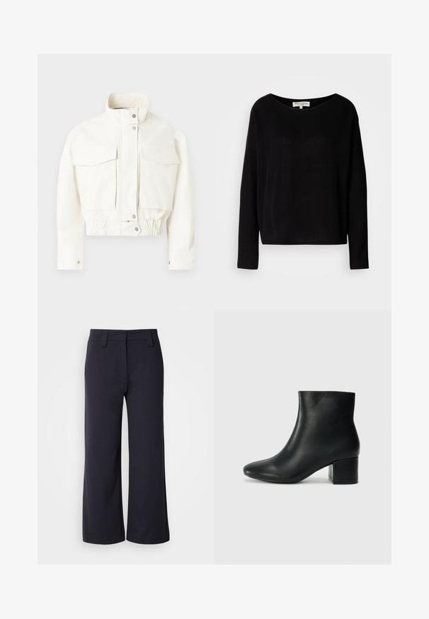 Copenhagen Muse BOMMI - Bomber-jakk - jet stream; Must mustriga särk, mis on valmistatud pehmest materjalist, laia ümmarguse kaelusega ja mugava lõikega, ilma nähtavate mustrite või metalldetailideta.; Laiad püksid tumedast mereväe kangast. Omavad lamedat esit, vöökohasid ja külgtaskuid. Materjal on sile ja veidi veniv.; Mustad nahast pahkluu saapad terava varbaga ja jämeda kandaga. Sile tekstuur minimaalse aktsentidega ja stiilne, lihvitud disain.