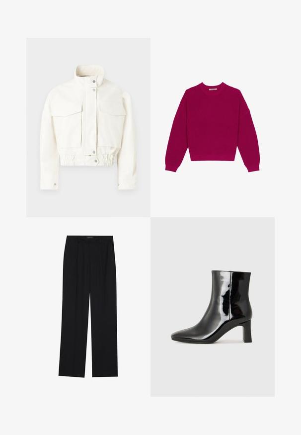 Copenhagen Muse BOMMI - Bombertakki - jet stream; Magenta värjätty ribba neulottu paita, jossa on pyöreä kaula-aukko, laskeutuvat olkaimet ja pitkät hihat. Helma on lyhennetty, mikä korostaa tekstuurista kangasta.; Mustat housut suoralla lahkeella, joissa on kaksi etutaskua ja vyötärö. Valmistettu sileästä, kevyestä kankaasta.; Musta patenttilakattu nilkkuri, jossa on terävä kärki ja keskipitkä lohkarekorko. Silkkinen pinta ja minimalistinen muotoilu.