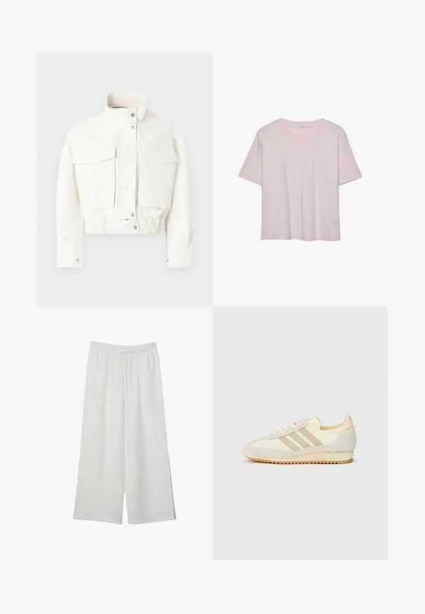 Copenhagen Muse BOMMI - Bombera - jet stream; Svetloružové tričko s krátkym rukávom a okrúhlym výstrihom, vyrobené z mäkkého materiálu, s voľným strihom a rovnou spodnou hranou.; Biele široké nohavice z ľahkého materiálu s elastickým pásom a šnúrkou na nastavenie veľkosti. Hladká textúra.; Krémové športové tenisky s tromi béžovými pruhmi, z kombinácie semišu a textilného materiálu, so štruktúrovanou podrážkou a reliéfne navrhnutým logom na päte.