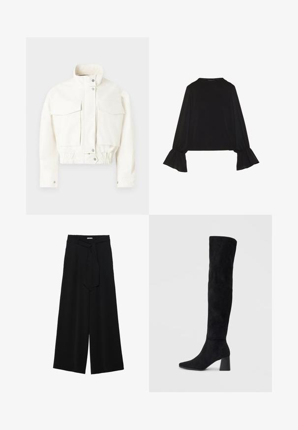 Copenhagen Muse BOMMI - Bomber tipa jaka - jet stream; Melna garām piedurknēm krekls ar izplestu aproču, maigu tekstūru un brīvu piegriezumu, ar vienkāršu apaļu dekoltē.; Melni platleņķa bikses ar teksturētu audumu, elastīgu jostu un noņemamu siksnu viduklī, kas nodrošina regulējamu piegulšanu.; Melna zamšāda līdz ceļiem, ar blokveida papēdi, norādītu purngalu un gludu, bezšuvju dizainu uz vienkārša gaiša fona.