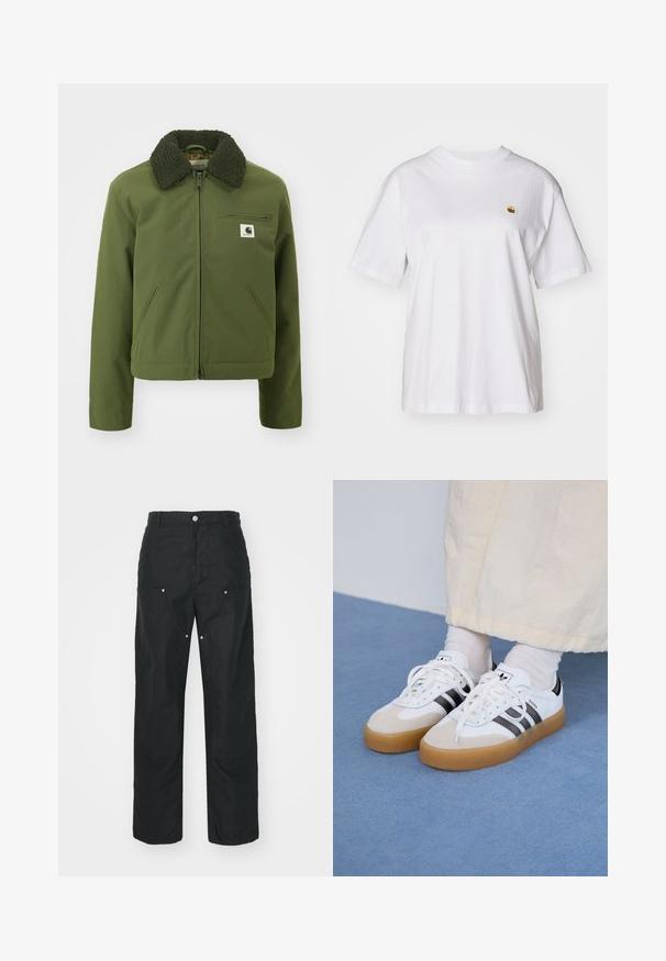 Carhartt WIP NEWKIRK JACKET - Lichte jas - office green; Witte katoenen t-shirt met een relaxte pasvorm, korte mouwen en een klein geborduurd logo op de linkerborst.; Zwarte broek met een rechte pijpdesign, gemaakt van een textuurstof. Bevat decoratieve zilveren hardware en unieke naaddetails.; Witte sneakers met zwarte strepen en beige suède accenten. Voorzien van een gestructureerde gumzool en platte witte veters, gedragen met lichtgekleurde sokken.