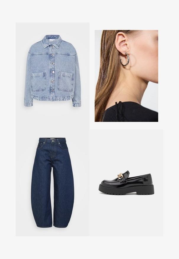 Svetlo modra denim jakna z gumbi na sprednji strani, dvema velikima sprednjima žepoma in ovratnikom. Ima nekoliko krajši rob in sproščen kroj.; Even&Odd Petite 2 PACK - Top - light grey/black; Temno modre jeans hlače iz jeansa z širokim, sproščenim krojem. Imajo zadrgo, štiri žepe in kontrastne šive ob šivih.; Črni lakirani usnjeni loafers s debelim črnim podplatom in zlato kovinsko opremo. Gladka tekstura in zasnova zaokroženega nosu.; Srebrna obročasta uhana s polirano površino, ki vključuje majhne zlate poudarke in okroglo obliko, nošena na ušesnem lobu.