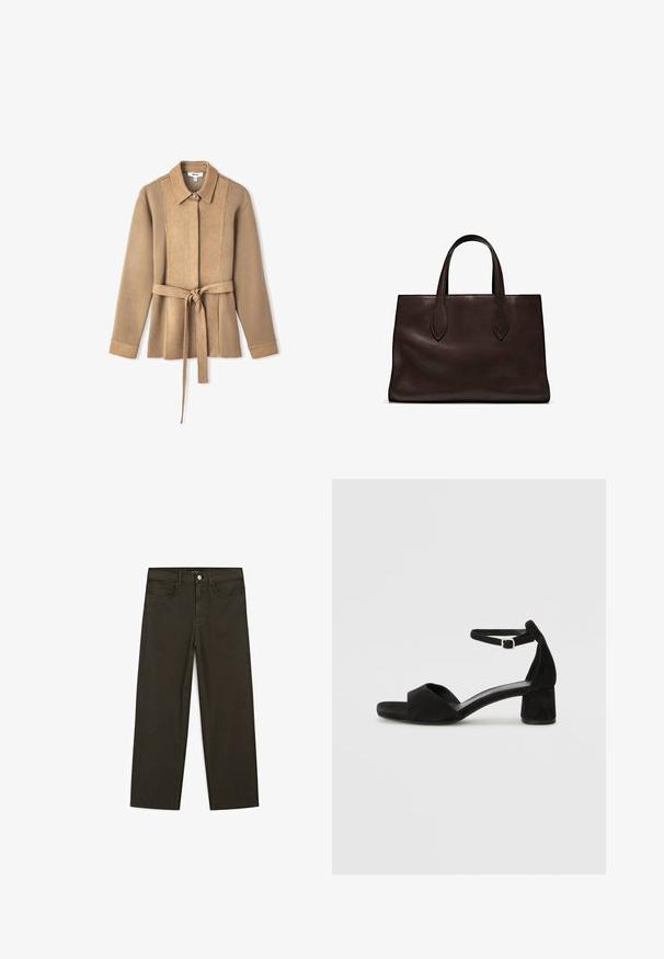 Tan suède jack met kraag, lange mouwen en een ceintuur in de taille. Beschikt over verticale pandenstiksels en een knoopsluiting.; Donkerbruine trui met lange mouwen, ronde hals, iets cropped pasvorm en een eenvoudig, naadloos ontwerp.; Donkergroene wijde jeans van een katoenmix, met een sluiting met een voorste knop, vijf zakken en klassieke denimstiksels.; Zwarte suede hakken met een dunne enkelband, open teen ontwerp en een bescheiden blokhak. Zachte textuur en minimale accenten.; Bruine leren tote bag met twee verlengde handvatten, gestructureerde rechthoekige vorm, gladde textuur en subtiele stiksels.