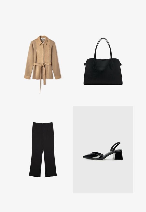 Giacca scamosciata beige con colletto, maniche lunghe e vita cintrata con cintura. Presenta cuciture a pannelli verticali e chiusura con bottoni.; Maglione a collo alto di colore nero realizzato in morbido tessuto a maglia. Presenta maniche lunghe e un design aderente con orlo diritto.; Pantaloni neri a gamba dritta, con tasche frontali e spacchi laterali all'orlo. Realizzati in tessuto morbido e liscio. Adatti a diverse occasioni.; Décolleté in vernice nera con punta affusolata e tacco in geometria cubica. Presentano un design elegante e minimalista, con una texture liscia.; Borsa a mano in pelle nera con doppio manico, forma rettangolare e design minimalista su sfondo bianco.
