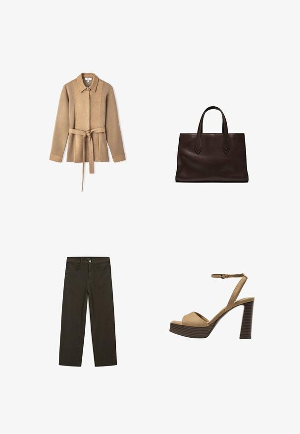 Tan suède jack met kraag, lange mouwen en een ceintuur in de taille. Beschikt over verticale pandenstiksels en een knoopsluiting.; Bruine katoenen t-shirt, korte mouwen, ronde hals, relaxte pasvorm, gladde textuur, minimalistisch ontwerp, geen zichtbare patronen of accenten.; Donkergroene wijde jeans van een katoenmix, met een sluiting met een voorste knop, vijf zakken en klassieke denimstiksels.; Beige suède hoge hakken sandalen met een brede voorband en enkelband, met een dikke houten blokhak met een gestructureerde afwerking.; Bruine leren tote bag met twee verlengde handvatten, gestructureerde rechthoekige vorm, gladde textuur en subtiele stiksels.