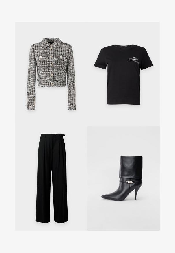Juoda ir balta tweed striukė su trumpu dizainu, turinti apykaklę, penkis mygtukus ir dvi krūtinės kišenes su dekoratyviniais akcentais.; Juodas trumpomis rankovėmis marškinėliai, pagaminti iš medvilnės. Puošia balta grafika su tekstu "KARL" ir stilizuotu figūra ant krūtinės. Apvalus iškirpimas.; Juodos plačios kojų kelnės su aukštu liemeniu, priekinėmis klostėmis ir diržu su sagtimi. Pagamintos iš lygaus, lengvo audinio.; Juodos odinės kulkšninių botų su smailiu nosiu, aukštu stiletto kulnu, apvyniojamu kraštu ir auksine dekoratyvine sagtimi prie kulkšnies.