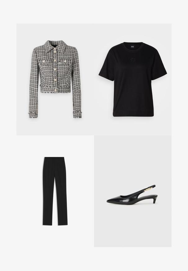 Svart och vit tweedjacka med en kort design, som har en krage, fem knappar och två bröstfickor med dekorativa detaljer.; Svart bomullströja med rund halsringning, korta ärmar och en broderad logotyp på bröstet. Enkel, avslappnad passform utan mönster.; Svarta skräddarsydda byxor med rak bendesign, som har framfickor och ett slätt, strukturerat tyg. Prydlig, minimal detaljer.; Svart läder slingback-hälar med spetsig tå, med en smal klack och en guldtonad detalj på den justerbara remmen. Slät textur.