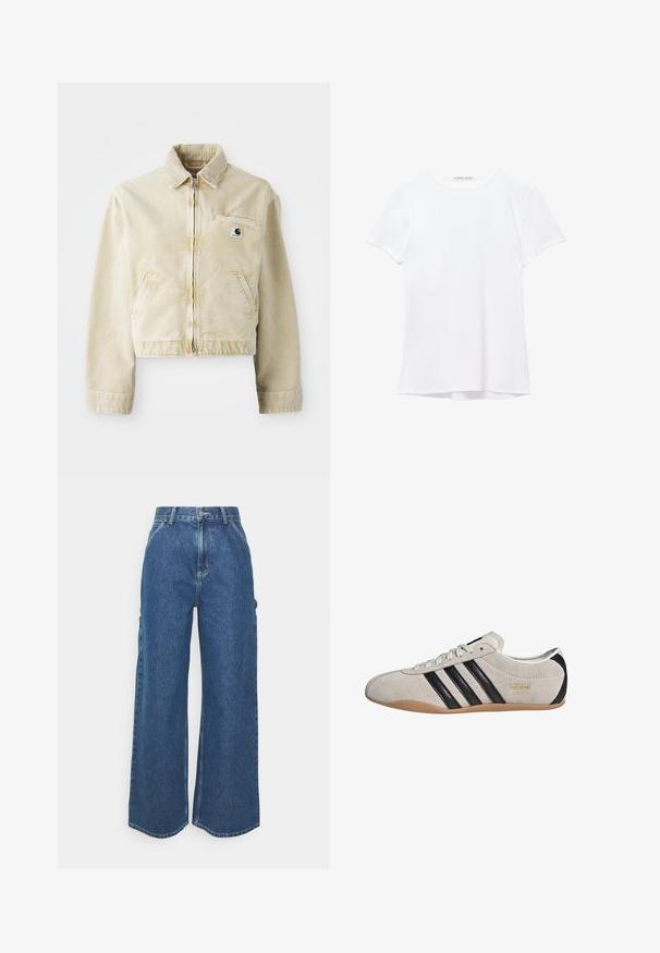 Bež kratka jakna iz mehkega blaga, z zadrgo spredaj, ovratnikom, dvema stranskima žepoma in majhno značko na prsih.; Bela kratka majica s kratkimi rokavi iz gladkega materiala, ki ima okroglo ovratnico in subtilne šive na robu.; Široke modre denim hlače z visokim pasom, kontrastnim šivom in stranskimi žepi, ki vključujejo klasičen pet-džepni dizajn in robove brez obdelave.; Semišasti športni copat z sivo zgornjico, črnimi črtami in podplatom iz gume. Ima sistem zavezovanja in zlati logotip na strani.