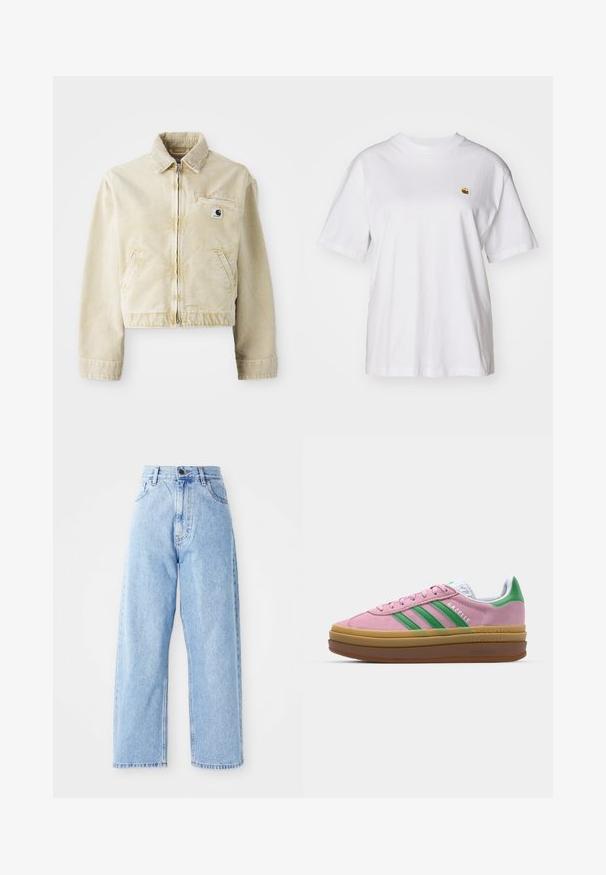 Bežová skrátená bunda vyrobená z mäkkej textílie, s predným zipsom, golierom, dvoma bočnými vreckami a malou nášivkou loga na hrudi.; Biely bavlnený tričko s voľným strihom, krátkymi rukávmi a malým vyšitým logom na ľavej strane hrude.; Džínsy s vysokým pásom svetlo modrej farby, rovné široké nohavice, predný gombík, zips a predné aj zadné vrecká.; Ružové semišové tenisky so zelenými pruhmi, bielymi akcentmi a hnedou gumovou podrážkou. Obsahujú textúrovanú tkaninu a logo na boku.