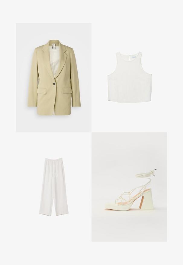 DRYKORN GLENDALE - Kort kappa / rock - yellow; Vit ärmlös topp med rundad halsringning, featuring en subtil textur, detalj med nyckelhål i ryggen och rak nederkant.; Vita vida byxor i vid passform gjorda av ett lättviktsmaterial. Har en elastisk midja med dragsko och sidofickor. Slät textur.; Vit högklackad sandal med en kraftig klack, med ett remdesign och ankelband. Slät textur med en plattform framtill för ökad höjd.