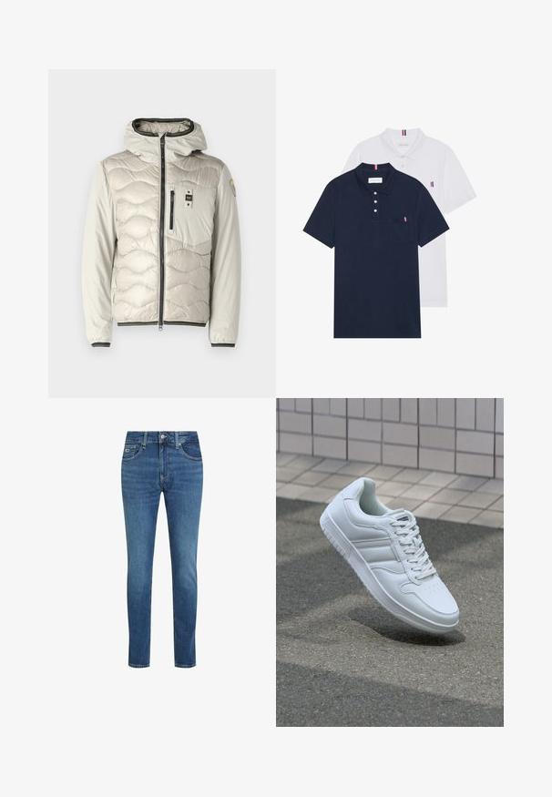 Light gray insulated jacket with a hood, quilted texture on the front, smooth sleeves, front zip, and a small chest pocket.; Two polo shirts: one navy blue and one white, both with a small red, white, and blue accent on the chest pocket and collar.; Blue slim-fit denim jeans with five pockets, belt loops, and a button and zip closure.; White athletic sneaker with smooth leather upper, lace-up front, perforated toe, and patterned sole. Minimalist design with three side stripes.