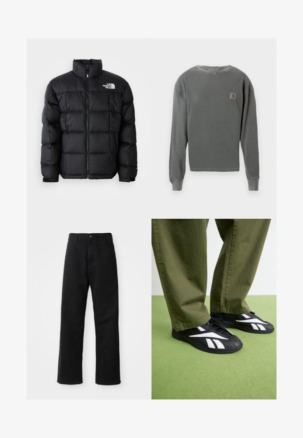 Fekete puffertakaró, magas gallérral, vízszintes varrással és cipzáras záródással. Az elülső bal oldalon logó található, valamint tépőzáras mandzsetták.; Szürke, hosszú ujjú, crewneck pulcsi bordázott textúrával, a bal mellen egy kis négyzet alakú logóval és bordázott mandzsettával.; Fekete farmernadrág egyenes szabással, elülső zsebekkel, cipzáras flyal és egy felső gombbal. Strukturált anyag matt felülettel.; Fekete sportcipő fehér részletekkel, amelynek textúrázott a felső része és kerek orra van, olíva zöld nadrággal párosítva.
