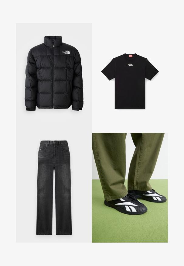 Crna puf jakna s visokim ovratnikom, horizontalnim šavovima i zatvaranjem na patentni zatvarač. Sadrži logo na gornjoj lijevoj strani i čičak manžete.; Crna pamučna majica s okruglim izrezom i kratkim rukavima. Ima mali, srebrni logo izvezen na prednjem dijelu.; Crne ravne traperice izrađene od denima, s pet džepova, petljama za remen i suptilnim izbljeđenjem na tkanini za teksturu.; Crne sportske cipela s bijelim detaljima, s teksturiranim gornjim dijelom i zaobljenim prstom, u kombinaciji s maslinasto zelenim hlačama.