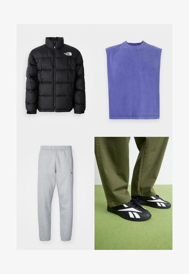 Svart dunjakke med høy krage, horisontale sømmer og glidelås. Har logo på venstre øvre side og borrelåsmanchetter.; Lilla ermeløs topp laget av myk bomull. Har rund hals og en avslappet passform, med en lett falmet tekstur og ren kant.; Grå joggebukser laget av mykt stoff, med elastisk midje, mansjetter ved anklene og en liten logodetalj på siden.; Sorte treningssko med hvite detaljer, med en teksturert overdel og rund tå, kombinert med olivengrønne bukser.