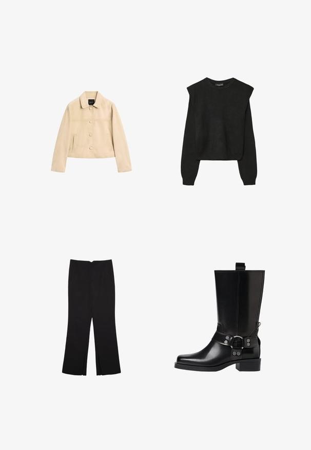 Beige ruskindsjakke med krave, frontknapper og to sidelommer. Har et let cropped design og enkle sømdetaljer.; Sort striktrøje med lange ærmer, polstrede skuldre og ribkantede manchetter og kant, vist mod en hvid baggrund.; Sorte bukser med lige pasform, der har frontlommer og slidser i kanten. Lavet af blødt, glat stof. Velegnet til forskellige anledninger.; Sort læderknæhøj støvle med spids tå, sølv spænde detaljer og en robust hæl. Har en trækflap for nem påtagning.