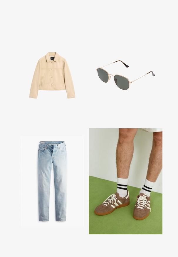 Giacca in suede beige con colletto, bottoni frontali e due tasche laterali. Presenta un design leggermente accorciato e semplici dettagli di cucitura.; Top bianco a maniche lunghe con scollatura a V profonda, tessuto a costine sulle spalle e design aderente. Etichetta visibile sulla scollatura.; Jeans in denim blu chiaro con taglio dritto, due tasche frontali e due tasche posteriori. Include una chiusura a due bottoni e cuciture sottili.; Sneaker in suede marrone con dettagli e lacci bianchi. Suola in gomma color gomma. Indossati con calzini bianchi con righe nere. Pavimento verde texturizzato.; Occhiali da sole con montatura in metallo dorato e lenti verde scuro, stile aviator, con aste sottili e dettagli in tartaruga sulle punte.; Gianni Chiarini DUA - Borsa a mano - moka