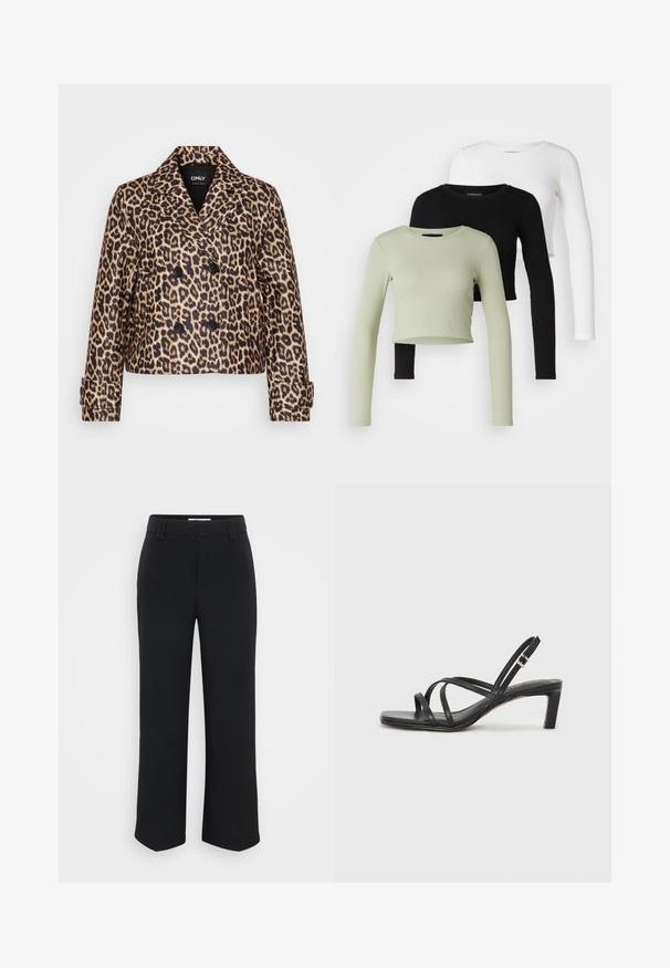 Leopárdmintás, dupla soros kabát fekete gombokkal, kivágott gallérral és strukturált, cropped fazonnal. Simá szövet, textúrált megjelenéssel.; Even&Odd Petite 3 PACK - Hosszú ujjú felső - black/white/light green; Fekete, bő szabású nadrág sima textúrával, lapos derékrésszel és oldalsó zsebekkel, minimalista esztétikával tervezve.; Fekete pántos szandál négyzetes orral és alacsony blokk sarkal. Több vékony pánttal és állítható boka pánttal rendelkezik. Sima bőrből készült.