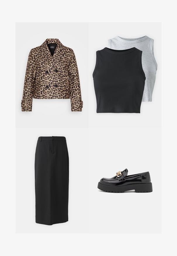 Leopard print double-breasted jacket with black buttons, notched collar, and structured cropped design. Smooth fabric with a textured appearance.; Even&Odd Petite 2 PACK - Top - light grey/black; Black pencil skirt, knee-length, made of smooth fabric. Features a back slit and side pockets, with a simple design and neutral color.; Black patent leather loafers with a chunky black sole and gold hardware detailing. Smooth texture and rounded toe design.