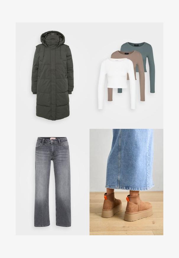 Garšs, kapucis pūkains mētelis tumši zaļā krāsā. Ar kvadrātu izšuvumu, regulējamiem auklām un sānu kabatām. Izgatavots no ūdensizturīga materiāla.; Trīs garām piedurknēm apgrieztas blūzes, sakrautas, krāsās balta, bēša un blāvi tumši zila, ar apaļiem kakla izgriezumiem, uz gaiši pelēka fona.; Pelēki džinsi ar taisnu kāju dizainu, piecu kabatu stils, viegla izbalēšana un pogas aizdare viduklī.; Brūni zamšādas platforma zābaki ar elastīgiem sānu paneļiem un oranžām cilpām, apvienoti ar līdz ceļgaliem garu gaišā denima svārku uz koka grīdas.