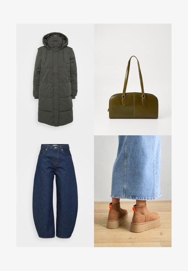 Caban lung, cu glugă, tip puf, de culoare verde închis. Are secțiuni matlasate, șnururi ajustabile și buzunare laterale. Fabricat din material rezistent la apă.; Even&Odd Petite 2 PACK - Top - light grey/black; Blugi din denim albastru închis, cu croială largă și lejeră. Au închidere cu fermoar, patru buzunare și cusături contrastante de-a lungul cusăturilor.; Botine maro din suede cu platformă, cu panouri elastice pe laterale și mânere portocalii, asortate cu o fustă din denim deschis până la genunchi, pe un podea din lemn.; Geantă de mână din piele verde măslinie, cu o formă rotundă, mânere duale și față fără cusături. Are o textură netedă și detalii de cusătură subtile.; Cercel din argint cu un finisaj polișat, având detalii mici din aur și o formă rotundă, purtat pe lobul urechii.
