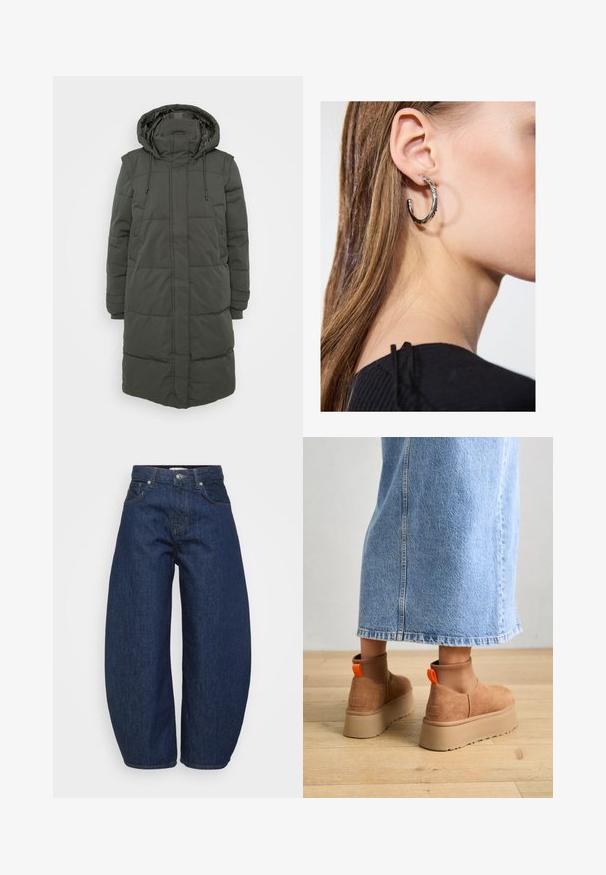Abrigo acolchado largo con capucha en verde oscuro. Presenta secciones acolchadas, cordones ajustables y bolsillos laterales. Fabricado en material resistente al agua.; Even&Odd Petite 2 PACK - Top - light grey/black; Vaqueros de denim azul oscuro con un corte ancho y relajado. Presentan cierre de cremallera, cuatro bolsillos y costuras en contraste a lo largo de las costuras.; Botas de plataforma de ante marrón con paneles laterales elásticos y tiradores naranjas, combinadas con una falda de mezclilla ligera hasta la rodilla sobre un suelo de madera.; Pendiente de aro de plata con un acabado pulido, que presenta pequeños detalles en dorado y una forma redonda, llevado en el lóbulo.