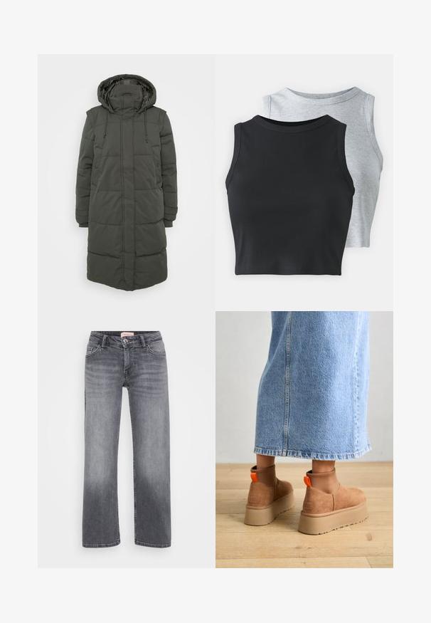 Lång, huvad pufferjacka i mörkgrön. Har kviltade sektioner, justerbara dragsnören och sidofickor. Tillverkad av vattentåligt material.; Even&Odd Petite 2 PACK - Linne - light grey/black; Grå denimjeans med rak passform, femficksdesign, subtil blekning och knappstängning i midjan.; Bruna mockakängor med plattform och elastiska sidopaneler samt orange dragflikar, till kombinerade med en knälång ljus denimkjol på ett trägolv.