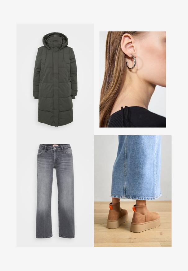 Ilgas, su kapu puffer tipo paltas tamsiai žalias. Yra siuvinėtos dalys, reguliuojamos virvelės ir šoniniai kišeniai. Pagamintas iš vandeniui atsparios medžiagos.; Even&Odd Petite 2 PACK - Viršus - light grey/black; Pilki džinsai su tiesiais džinsinių kojų dizainu, penkių kišenių stiliumi, subtiliu išblukimu ir sagčių uždarymu ties juosmeniu.; Rudos zomšiniai platforminiai batai su elastingomis šoniniais panirais ir oranžinėmis kilpomis, derinami su kelio ilgio šviesių džinsų sijonu ant medinių grindų.; Sidabrinė lankinė auskarai su poliruotu paviršiumi, turintys mažus auksinius akcentus ir apvalią formą, dėvimi ant ausies kaušelio.