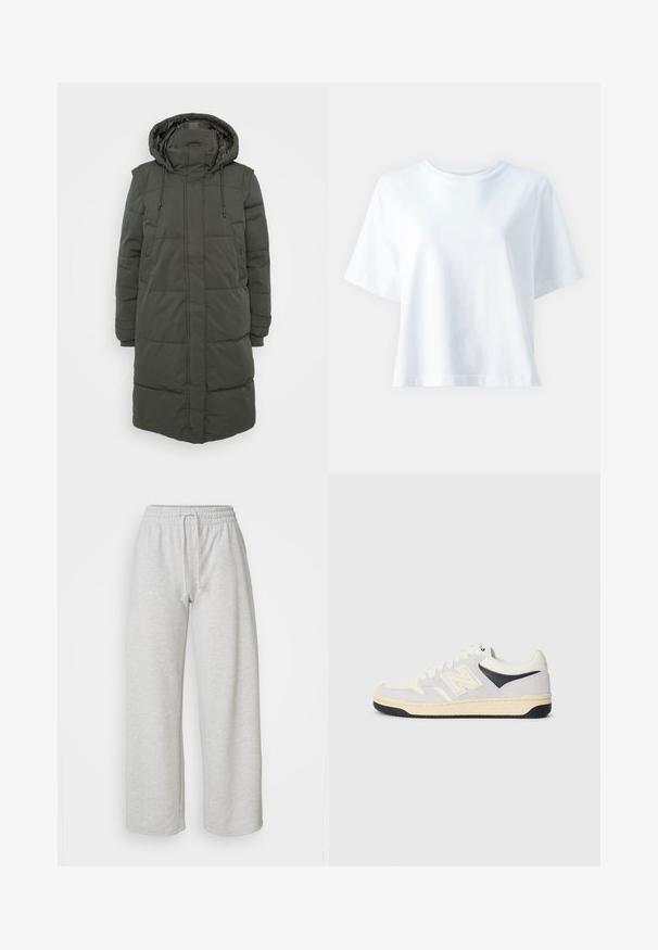 Hosszú, kapucnis puffermellény sötétzöld színben. Steppelt részekkel, állítható húzózsinórral és oldalsó zsebekkel rendelkezik. Vízálló anyagból készült.; Fehér pamut póló kerek nyakkivágással, rövid ujjakkal, laza szabással és sima felülettel. Nincsenek látható minták vagy díszítések.; Even&Odd Petite Tréningruha alsók - mottled light grey; Fehér, szürke és fekete sportcipő. Suede és textil anyagokból készült, perforált orral és logóval az oldalon. Gumitalp.