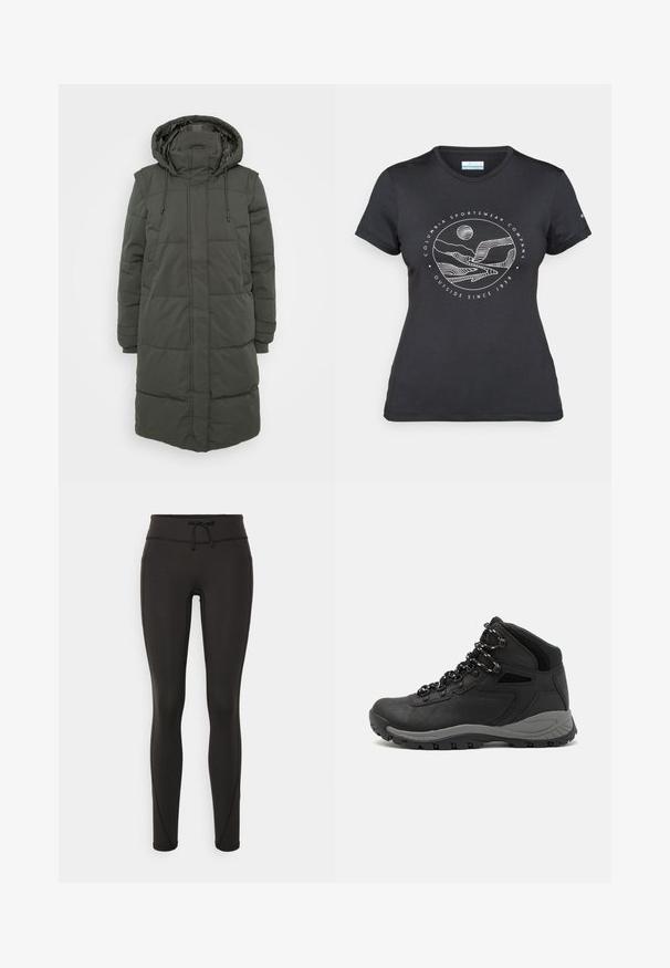 Hosszú, kapucnis puffermellény sötétzöld színben. Steppelt részekkel, állítható húzózsinórral és oldalsó zsebekkel rendelkezik. Vízálló anyagból készült.; Fekete Columbia póló fehér, kör alakú hegy és folyó vonalrajzzal, valamint a "Columbia Sportswear Company Outside Since 1938" felirattal.; Fekete leggings magas derékkal, zsinórral, sima textúrával és testhezálló kialakítással. Oldalt varrási részletekkel rendelkezik.; Fekete túracipő közepes magasságú kialakítással, texturált felsőrésszel, szürke részletekkel és strapabíró gumitalppal, amelynek tapadós kiemelkedései vannak.