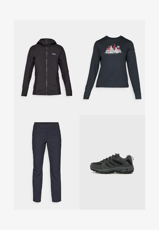 Svart lättviktig jacka med dragkedja framtill och huva. Texturerade tygpaneler på sidorna, med en liten logotyp på övre vänster sida.; Långärmad mörkgrå tröja med grafik av röda träd och berg; "COLUMBIA"-logotyp i fet vit text. Mjukt tyg, standard rund hals.; Marina blå byxor i slät tyg, med framknäppning, slim-fit design och veckade detaljer vid knäna.; Columbia REDMOND - Hikingskor - black/citron haze