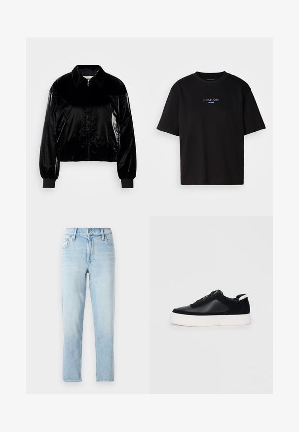 Mustapyllyinen bomber-takki, jossa on kaulus, vetoketju edessä, ribbereidit hihansuissa ja helmassa. Kiiltävä pinta, rento istuvuus ja putoavat olkapäät.; Musta puuvillainen t-paita, jossa on pyöreä kaula-aukko, lyhyet hihat ja sininen brodeerattu "Calvin Klein JEANS" -logo edessä.; Vaaleansiniset farkut, suora lahjetyyli, keskikorkea vyötärö, viisi taskua ja nappikiinnitys edessä.; Musta lenkkari sileällä nahka- ja mokkanahkapaneelilla, litteät nauhat, pyöreä varvas sekä valkoinen kumipohja. Erottuva logo kantapäässä.