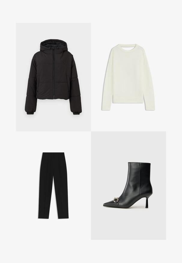 Sort cropped puffer-jakke med hætte, med en fuld lynlås foran, elastiske manchetter og et diskret logo på brystet.; Lys cremesweater med rund hals, lange ærmer, ribbet kant og en blød tekstur. Ingen mønstre eller synlige hardware-detaljer.; Sorte bukser med lige pasform, der har dobbelte folder, en glat tekstur og et klassisk taljedesign. Ingen synlige hardware eller accenter.; Sort læder ankelstøvle med spidse tæer, slank hæl i mellemhøjde og sølvspænde detaljer på siden mod en ensfarvet baggrund.